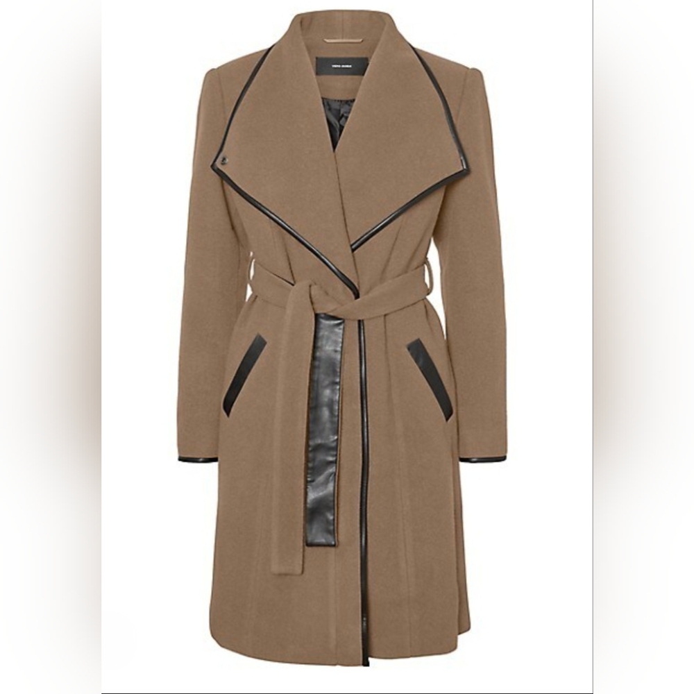 NWOT Herringbone Wool Vegan Leather 3/4 waterfall coat size small